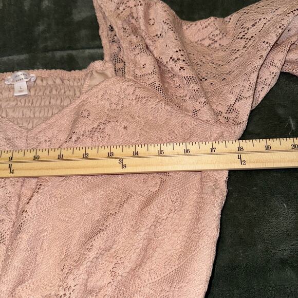 LC Lauren Conrad Mini Dress Womens Large Pink Lace Overlay Smocked Tiered hem - Picture 6 of 9